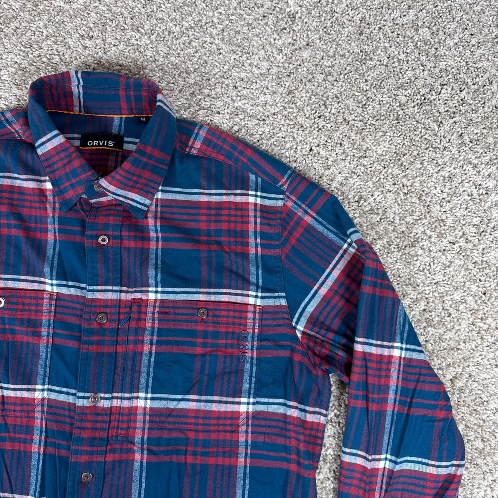 Orvis Shirt Mens M Blue Red Plaid Flat Creek Tech Flannel Long Sleeve Button Up - Picture 6 of 14